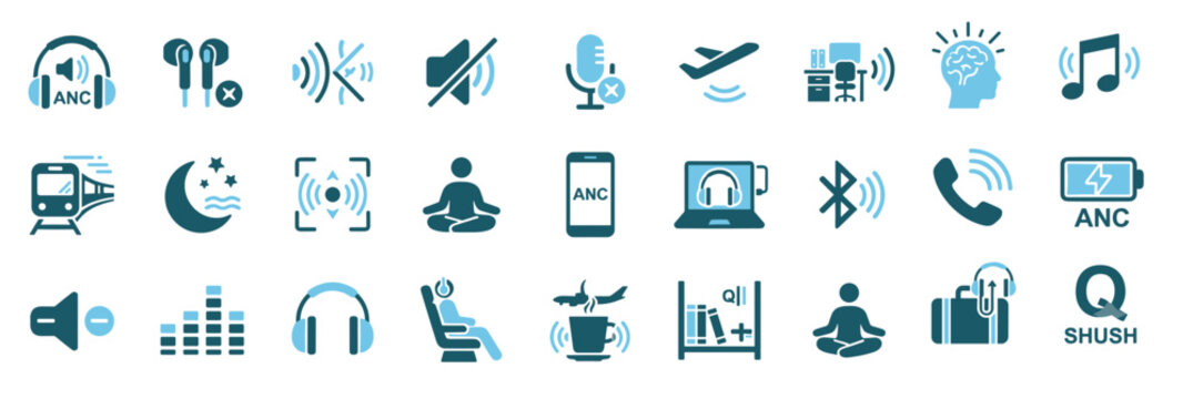 Active noise cancellation technology and quiet lifestyle icons collection featuring various symbols for digital devices, travel, meditation, and sound management.