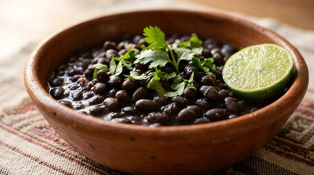 Delicious black beans in earthenware bowl garnished with fresh cilantro and lime