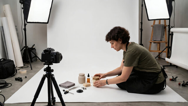 Photographer arranging product still life in studio