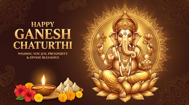 Golden Lord Ganesha idol with diya and flowers for Happy Ganesh Chaturthi festival celebration background