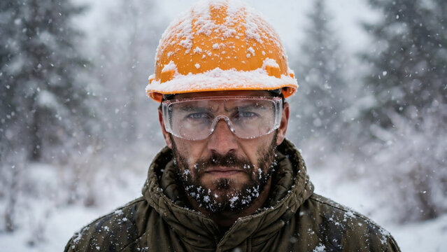 Construction worker in snowy winter portrait