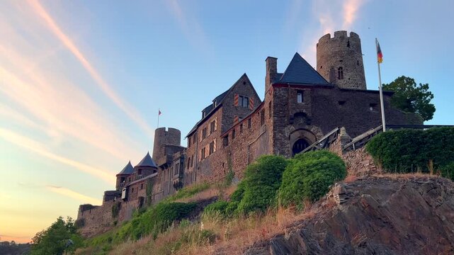 Evening Footage of Burg Thurant Medieval Castle Landmark in Alken Moselle Valley Germany Horizontal 4K Video