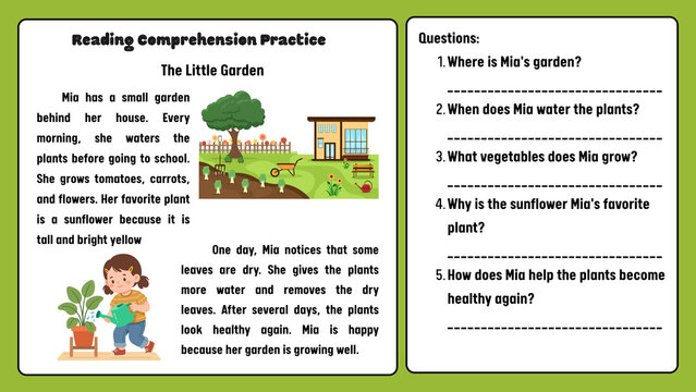 Educational reading comprehension practice worksheet, elementary school literacy exercise, garden themed English language learning activity