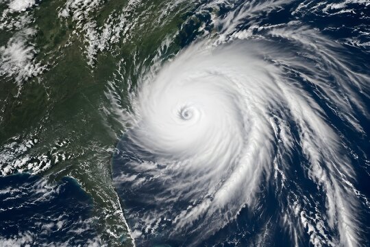 Fast Hurricane Clouds Rotating Above Empty Coastline Create Satellite Style Weather Photography with Dramatic Scale