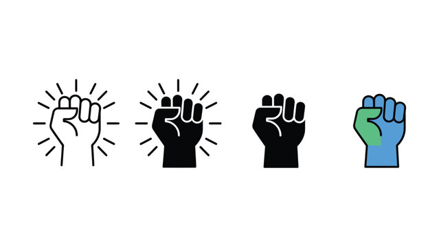 Set of four different stylized fist icons representing protest and revolution and social justice movements