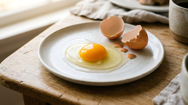 Raw egg broken on white plate with shells on rustic wooden table, breakfast