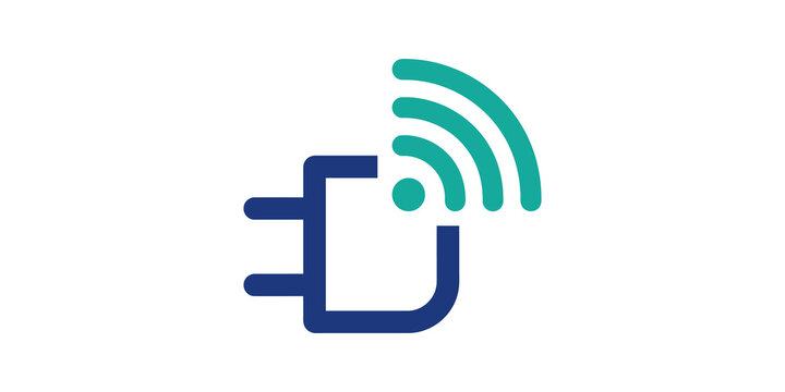 Wireless electric charging plug icon with blue teal wave signal design.