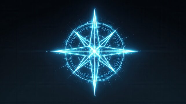 Bright neon compass rose with glowing radial interface and futuristic navigation symbol on dark