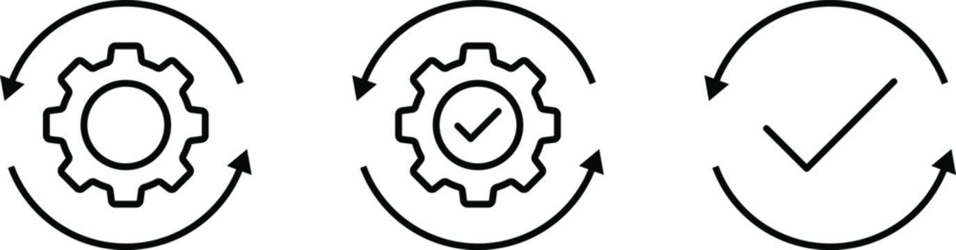sync process icon set. system update sign. gear cog circular refresh arrows checkmark symbols