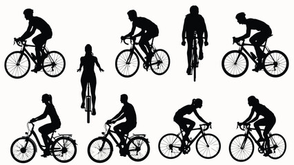 Naklejka premium Professional cyclists and road bike riders black silhouette vector set