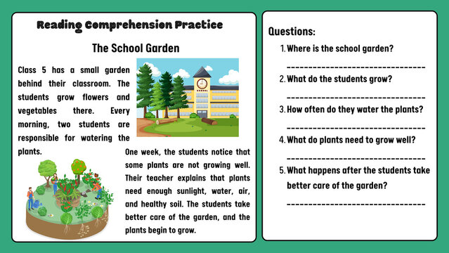 Educational reading comprehension practice worksheet, school garden literacy activity for kids, primary school English lesson template