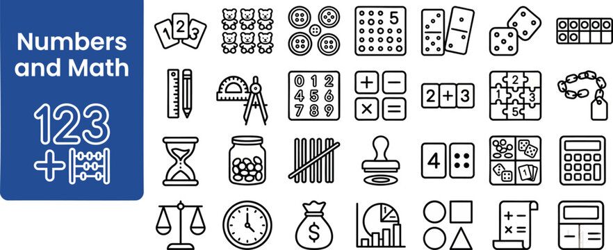 Arithmetic Practice and Math Symbols outline icon set. Featuring calculator, dice, abacus, equation, and clock symbols. Editable stroke vector icons for math lesson and practice app.