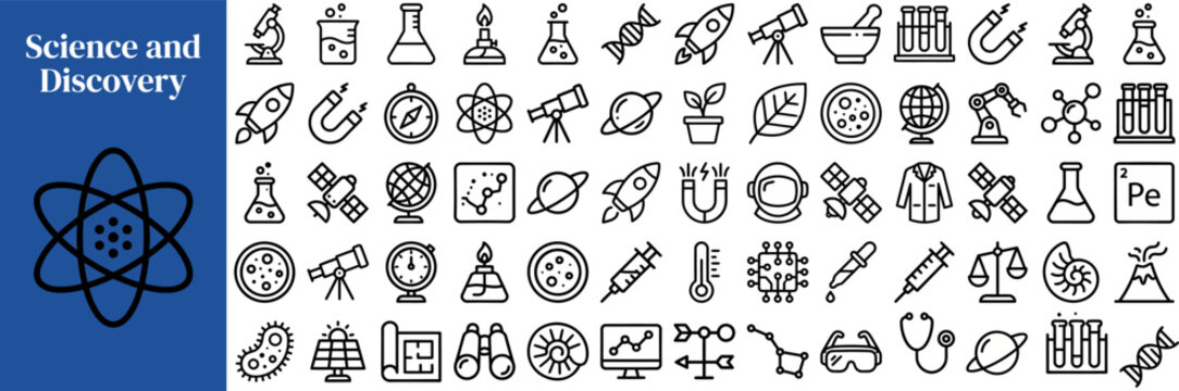 Physics Biology and Space Science outline icon set. Featuring atom, rocket, microscope, planet, and magnet symbols. Editable stroke vector icons for STEM course and science portal.