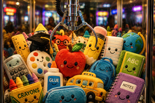 Back to School Plush Toys Inside Colorful Arcade Claw Machine