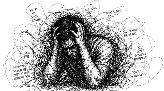 Conceptual Illustration of Mental Health Struggles and Negative Self Talk.
