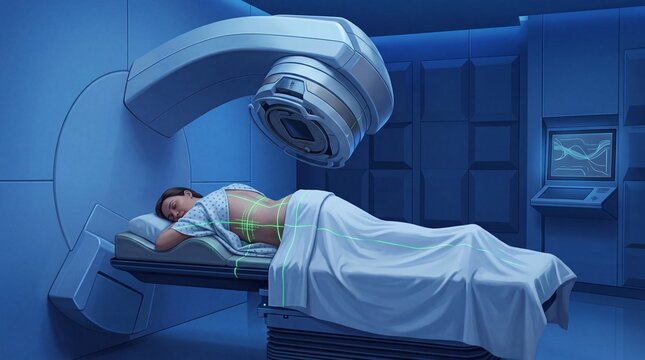 Modern linear accelerator machine for radiation therapy, female patient undergoing cancer treatment in clinical blue room
