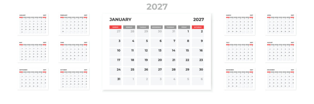 Calendar 2027 year. Month planner. Date schedule. Monthly template.