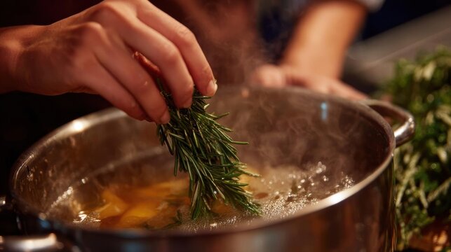 Person's hands holding a sprig of rosemary over a pot of boiling water. the pot appears to be made of stainless steel and has a handle on one side.