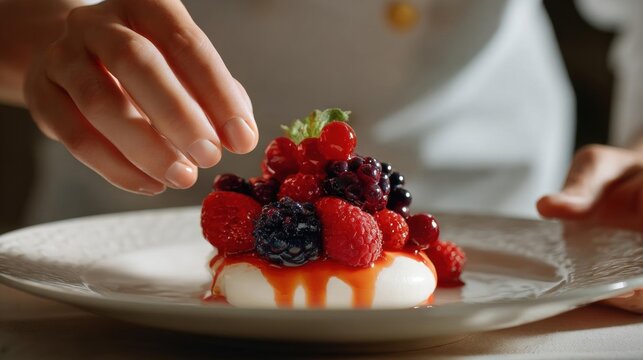 Dessert on a white plate. the dessert appears to be a panna cotta with a layer of whipped cream on top.