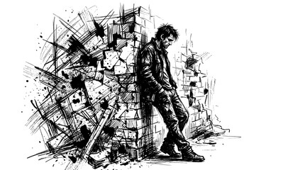 Fototapeta premium Depressed Man Leaning Against Brick Wall Sketch Illustration.