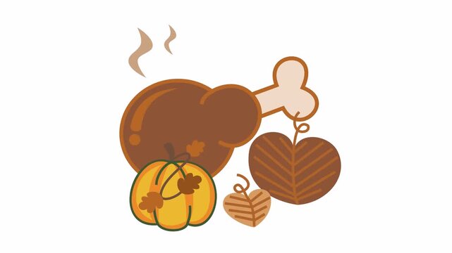 Thanksgiving roasted turkey leg with orange pumpkin and heart-shaped autumn leaves cartoon animation for minimalist harvest composition and autumn foliage symbol isolated on an alpha channel.
