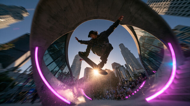 Skateboarder Jumping Mid-Air Through Neon Ring in Urban City