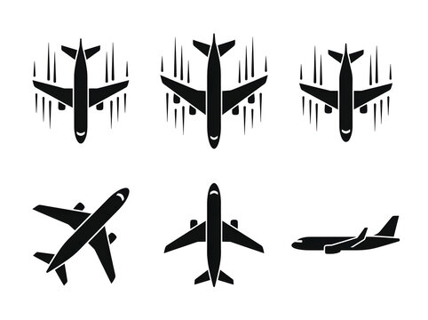 Set of black airplane icons and aircraft silhouettes for travel and aviation design.
