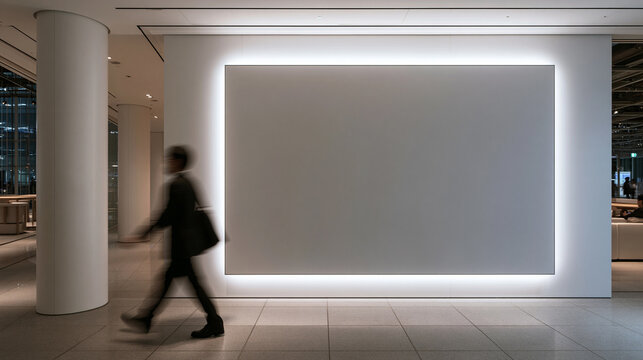 Blank Illuminated Billboard Mockup in Modern Corporate Building Lobby