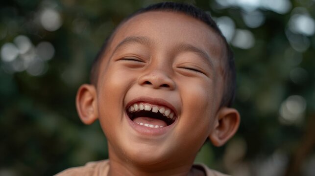 Close-up portrait of a young boy's face. he appears to be around 4-5 years old and has dark hair. his eyes are closed and his mouth is open wide, showing his teeth.