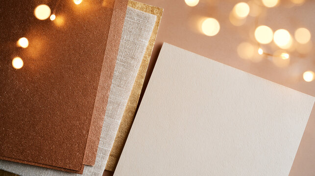 Blank Stationery Mockup with Festive Glitter Paper and Lights