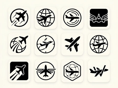 Set of black airplane icons for travel and aviation logistics design elements.