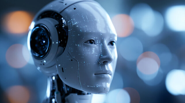 Humanoid Robot Face with Digital Circuitry for AI Concept