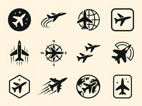 Set of black airplane icons for travel, aviation, and global transportation design projects.