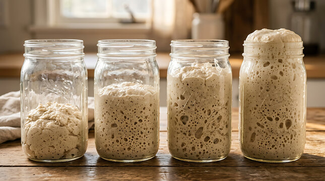 Sourdough bread starter fermentation progression in glass mason jars on a table