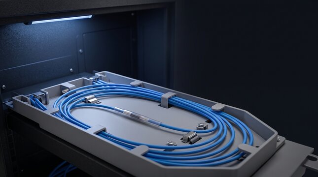 Illuminated fiber splice tray inside network cabinet