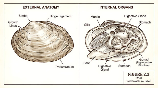 Clam external anatomy and internal organs biological diagram with internal, education