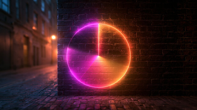Glowing Neon Circle on Urban Brick Wall at Night