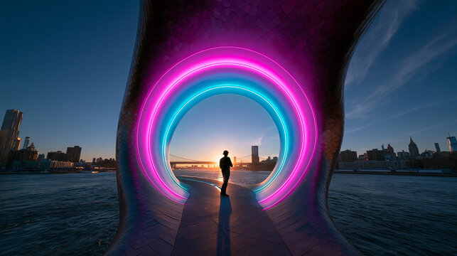 Futuristic Neon Portal Overlooking City Skyline at Sunrise