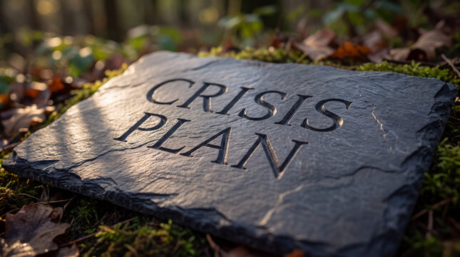Crisis plan carved into a slate stone tablet resting on forest floor moss, highlighting strategic readiness