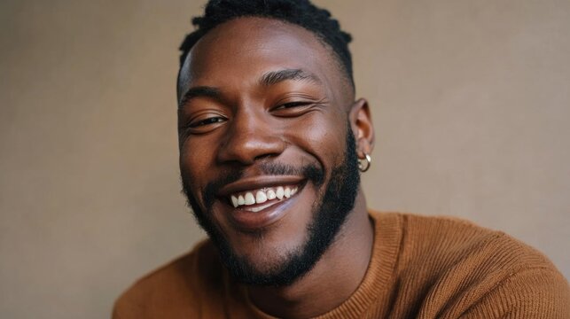 Close-up portrait of a young african-american man with a big smile on his face. he is wearing a brown sweater and has a pair of gold hoop earrings on his ears.