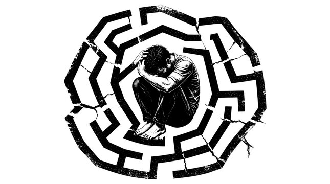 Depressed Man Sitting Inside a Circular Maze Illustration.