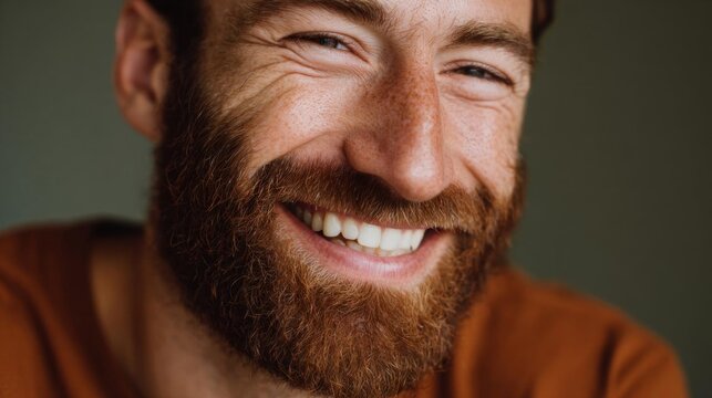 Close-up portrait of a man's face. he has a full beard and mustache, and his eyes are closed in a peaceful smile.
