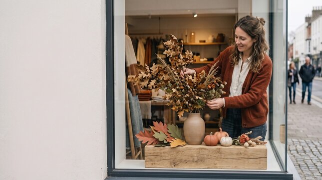 Retail owner builds an autumn shop window display