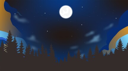 Naklejka premium A night sky view filled with artistic layers of clouds and a brightly shining full moon surrounded by several twinkling stars.
