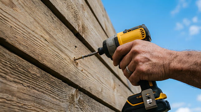 Worker Driving Screw into Wooden Wall Board with Yellow Cordless Impact Driver | Close-Up View of Carpenter Fastening Timber Plank with Power Tool | Electric Impact Driver Fastening Screw into Wooden 