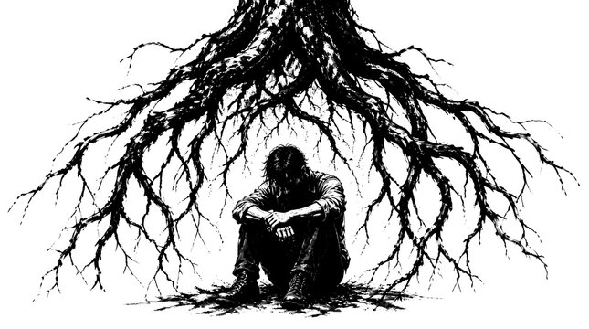 Depressed Man Sitting Under Dark Tree Roots Illustration.