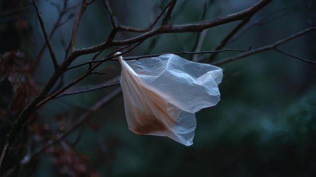 Single plastic bag hanging from a tree branch. the bag is white and appears to be empty. the branch is bare and has no leaves.