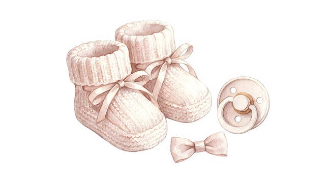 Vintage pink knitted baby booties with ribbon bows, newborn infant accessories set with pacifier and bow tie, soft wool footwear isolated on Transparent Background