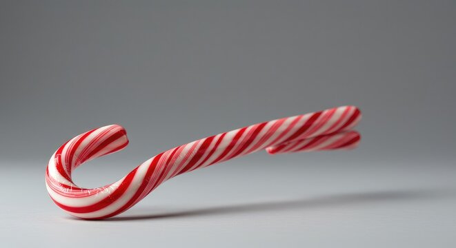 A classic holiday confectionery: bright red and white striped peppermint flavor candy cane isolated on a simple background for winter flavor ,striped ,sugary ,candy