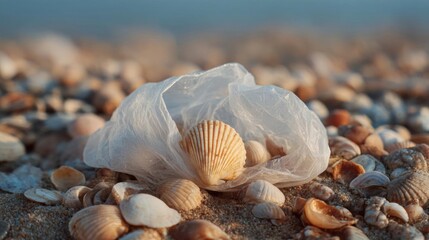Fototapeta premium White plastic bag lying on a sandy beach. the bag is partially open, revealing a single scallop shell inside. the shell is light brown in color and has a smooth texture.